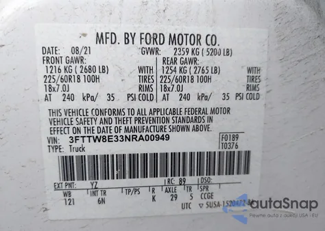 2022 Ford Maverick Lariat из США, поврежденный, VIN 3FTTW8E33NRA00949